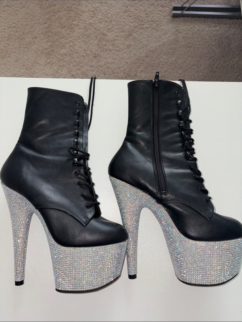 Black Platform Lace-Up Ankle Boots with Rhinestone Heel pleasers size 7